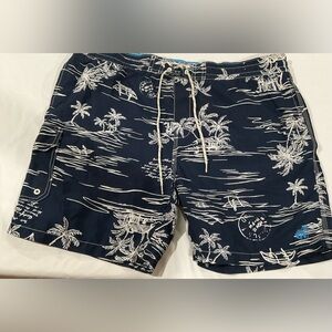 Caribbean Joe Mens‎ XL Navy Blue Tropical Island Print Swim Trunks Shorts